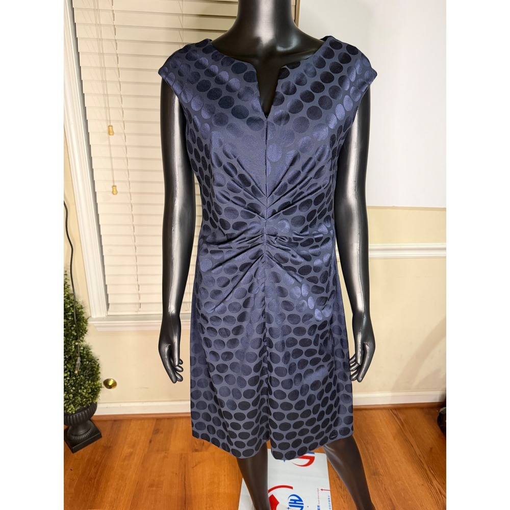 Connected Apparel Navy Blue Polka Dot Pleated Waist Sheath Dress Size 10
